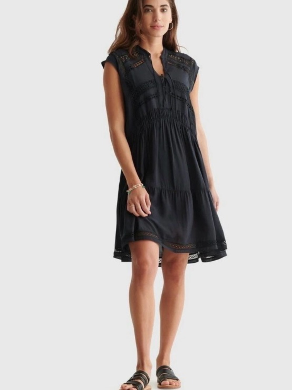 Lucky Brand Black Sleeveless Tiered Dress with Lace Insets
